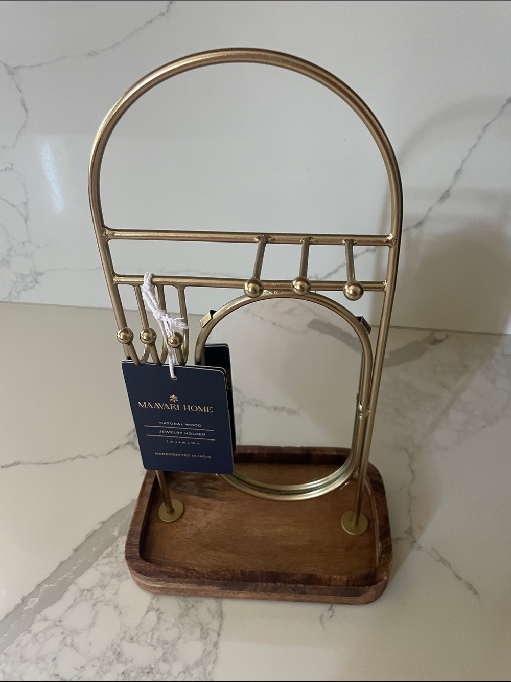 Gold Jewelry Organizer with Mirror, Hooks and Wooden Tray - Picture 5 of 5